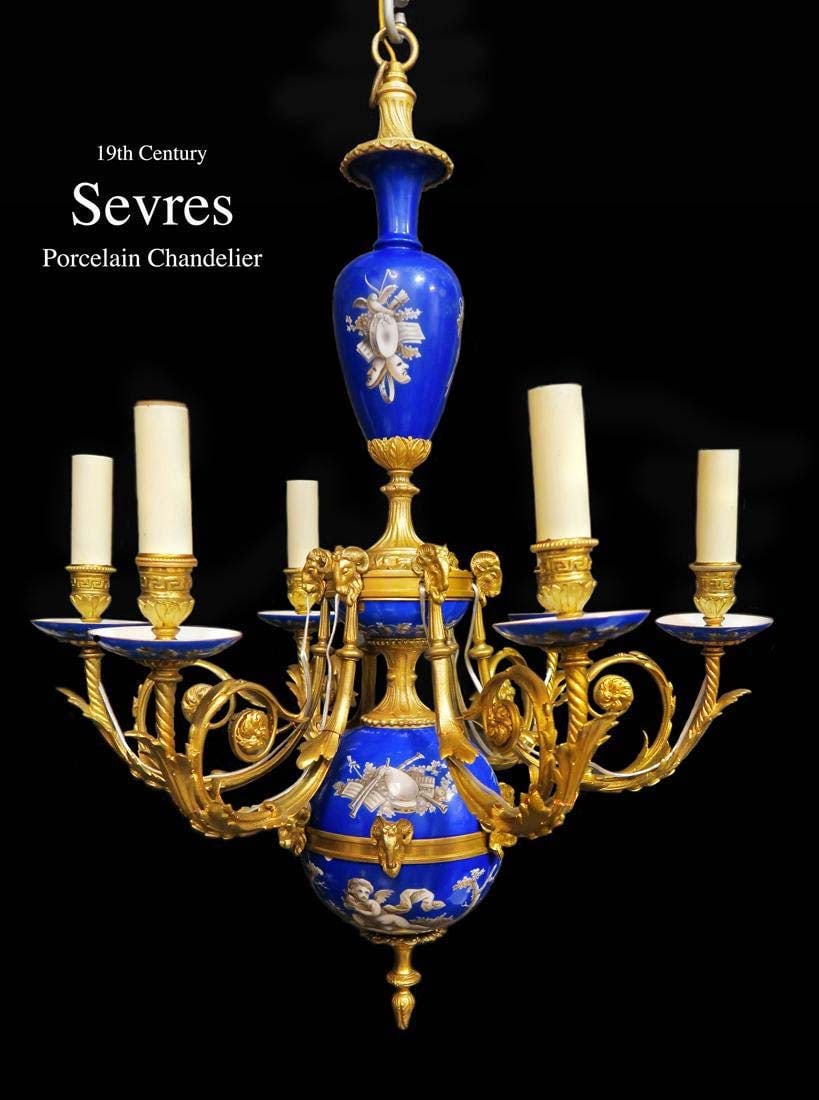 19TH C. FRENCH SEVRES BRONZE CHANDELIER 6-Light: 19TH C. FRENCH BRONZE & SEVRES HAND PAINTED PORCELAIN CHANDELIER 6-light. H 33" x W 24"