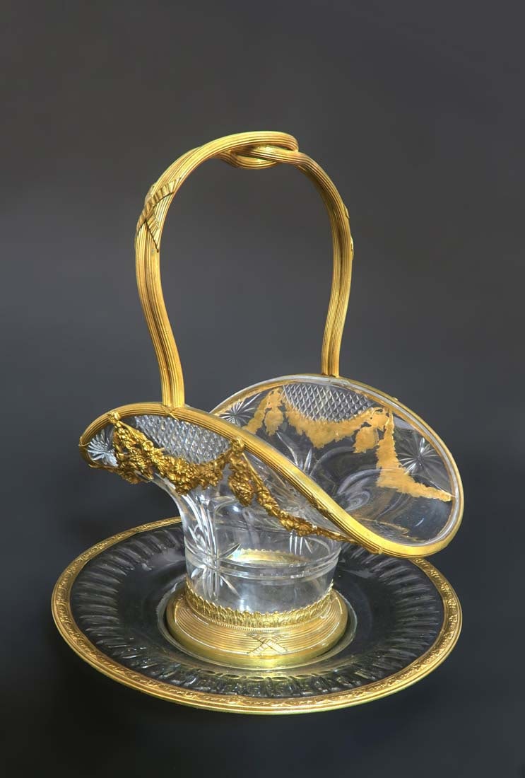 Bronze & Baccarat Crystal Basket Centerpiece/Plate: 19th C. French Bronze & Baccarat Crystal Basket Centerpiece/Plate.