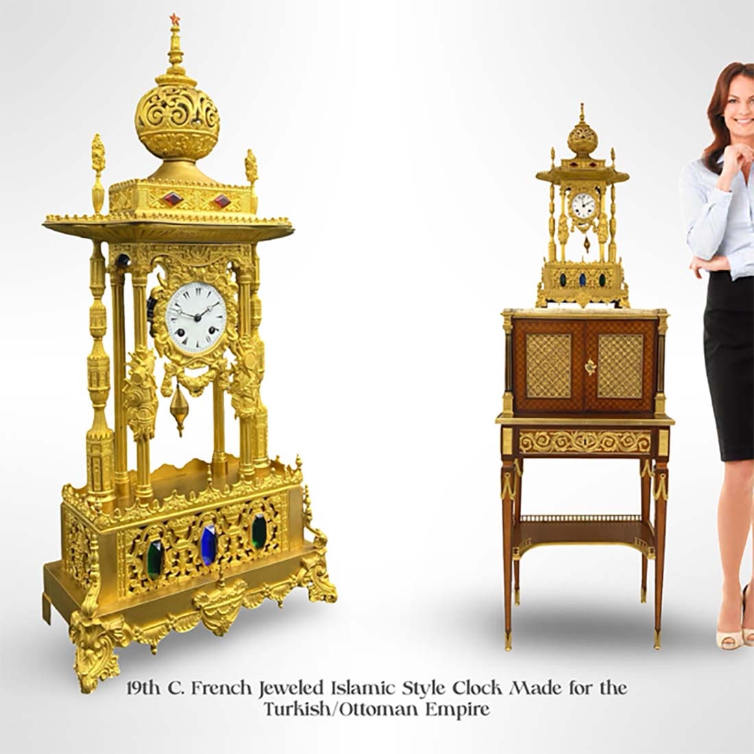 19th C. French Islamic Ottoman Style Jeweled Bronze Clock: 19th C. French Islamic Style Jeweled Bronze Clock Made for the Turkish/Ottoman Empire. Note: the pedestal is NOT included! H 26" x L 12" x W 6.5"