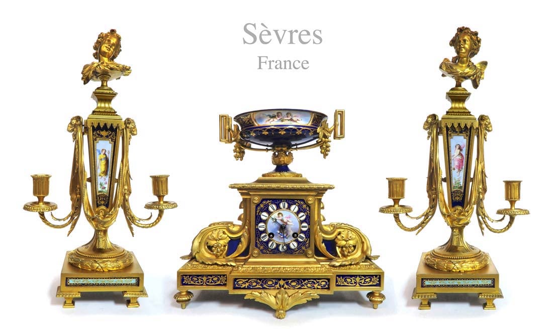 19th C. Sevres Gilt Bronze Jeweled Cobalt Clock Set: 19th C. French Sevres Gilt Bronze Jeweled Cobalt Hand Painted Porcelain Clock Set. Clock: 12.5" x 12.75" x 6.5", Candelabras: H 17" x W 10"