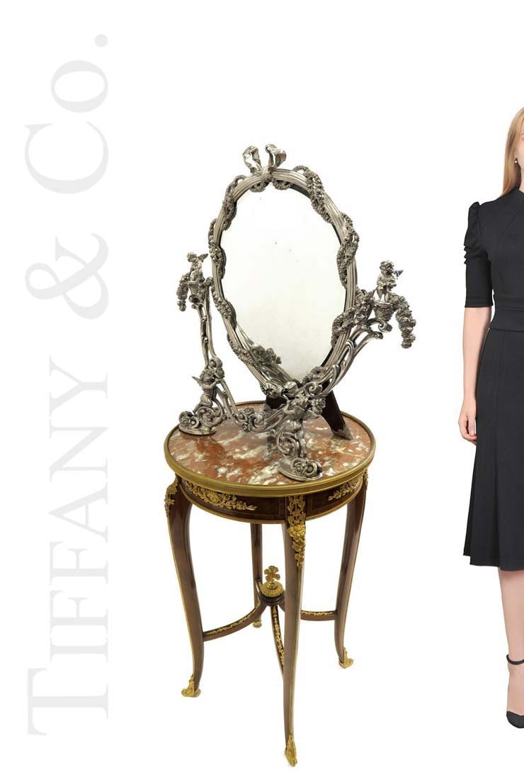 A Large Tiffany & Co. Sterling Silver Figural Mirror: A Large Tiffany & Co. Sterling Silver Figural Mirror. NOTE: The Pedestal is NOT included! H 24" x W 24"