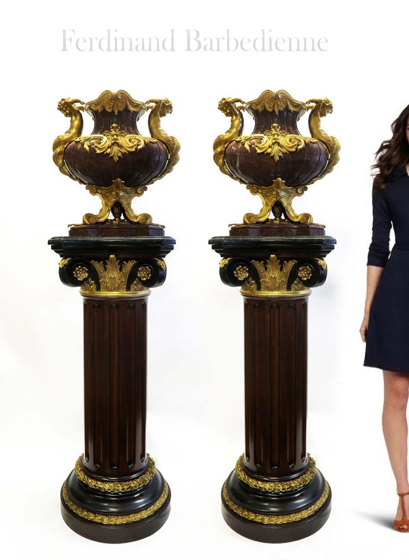 F. Barbedienne Pair of Monumental French Jardinieres: F. Barbedienne Pair of Monumental French Jardinieres. H 21.3/8" x 20.1/2" x 11". Note: Pedestals not included (Sold separately in next lot).