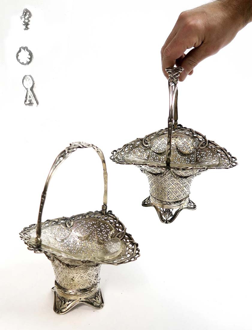 Pair of 19th C. Austrian Silver Basket with Crystal: Pair of 19th C. Austrian Silver Basket with Crystal. H 9.5" x 8" x 6.5"