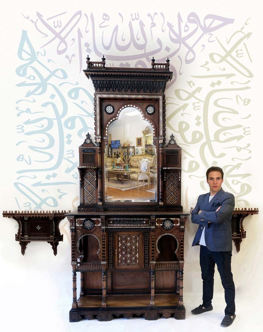 A MONUMENTAL LATE 18th C. INLAID MAMLUK REVIVAL CABINET: A MONUMENTAL LATE 18th C. INLAID WOOD MAMLUK REVIVAL (ISLAMIC) CABINET WITH QURAN VERSES. H 120"