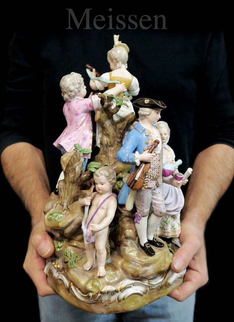 A Large 19th C. German Meissen Figurine Group: A Large 19th C. German Meissen Hand painted Porcelain Figurine Group. H 14.1/"