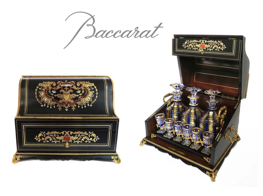 Bronze Marquetry Boulle Tantalus & Baccarat Liqueur Set: 19th C. French Bronze Marquetry Boulle Tantalus with Enamel Baccarat Crystal Liqueur Set.