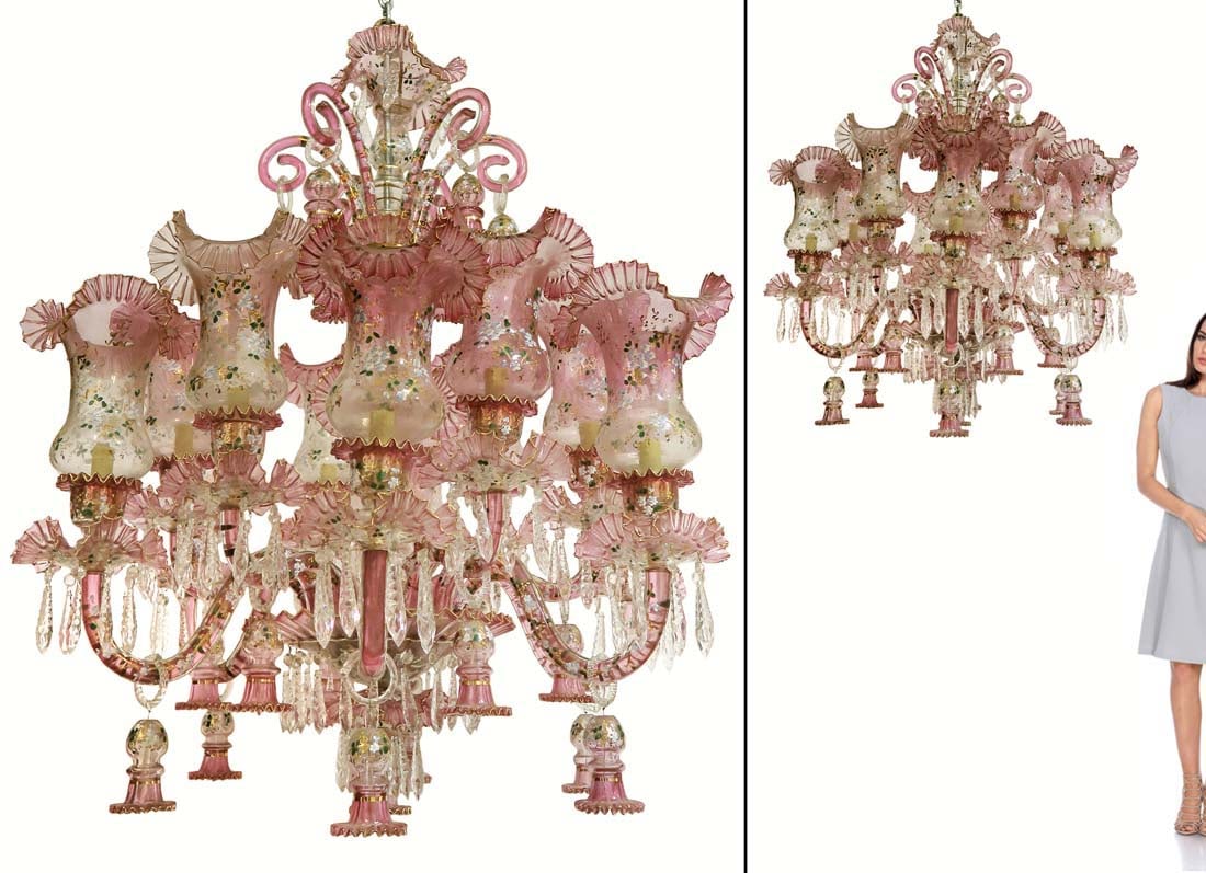 Large Baccarat style continental chandelier 12-Lights: Large Baccarat style continental pink chandelier 12-Lights. H 52" x W 36"