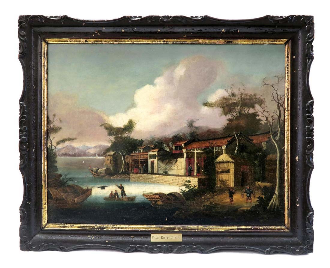 19th C. Rare Chinese Oil on Canvas "Pearl River": A Rare Chinese Trade Oil on Canvas Painting of the "Pearl River", Early 1800s to Mid 1800s in its original Carved wood frame Provenance: From A West Coast Private Collection, Purchased in England by t