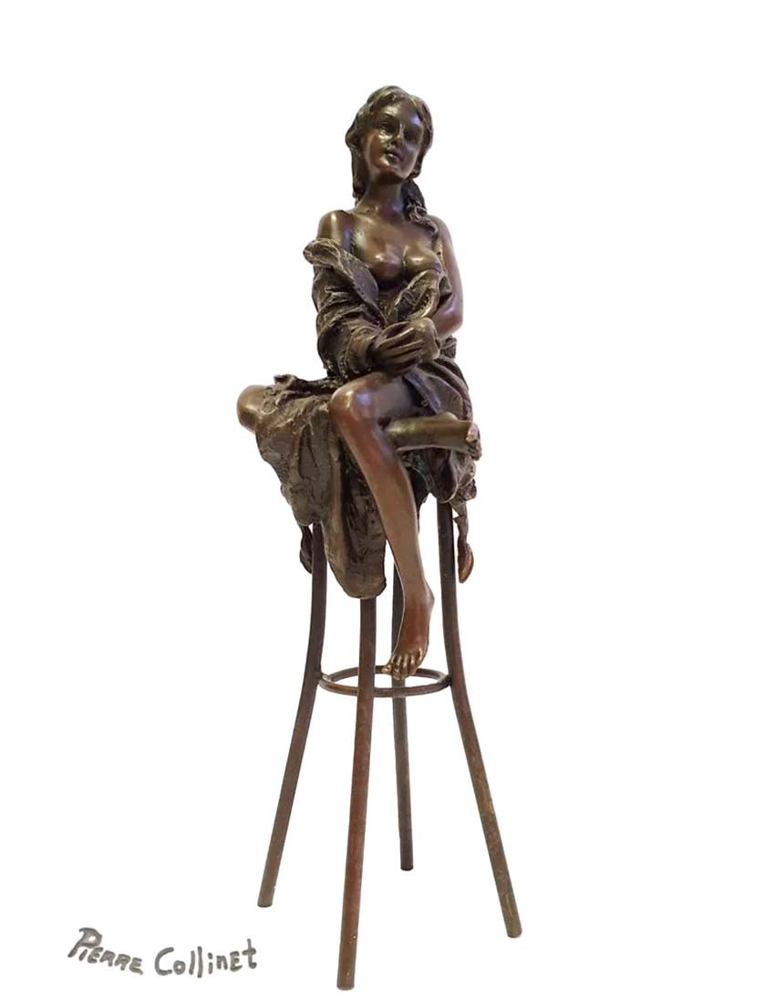 A Lady on Stool, A Bronze Figurine By "Pierre Collinet": A "Pierre Collinet" Signed Hot-cast Bronze Statue. A High Quality Art Deco hot cast & lost wax technique Bronze Figurine with the bronze foundry mark. H 11" x D 3"