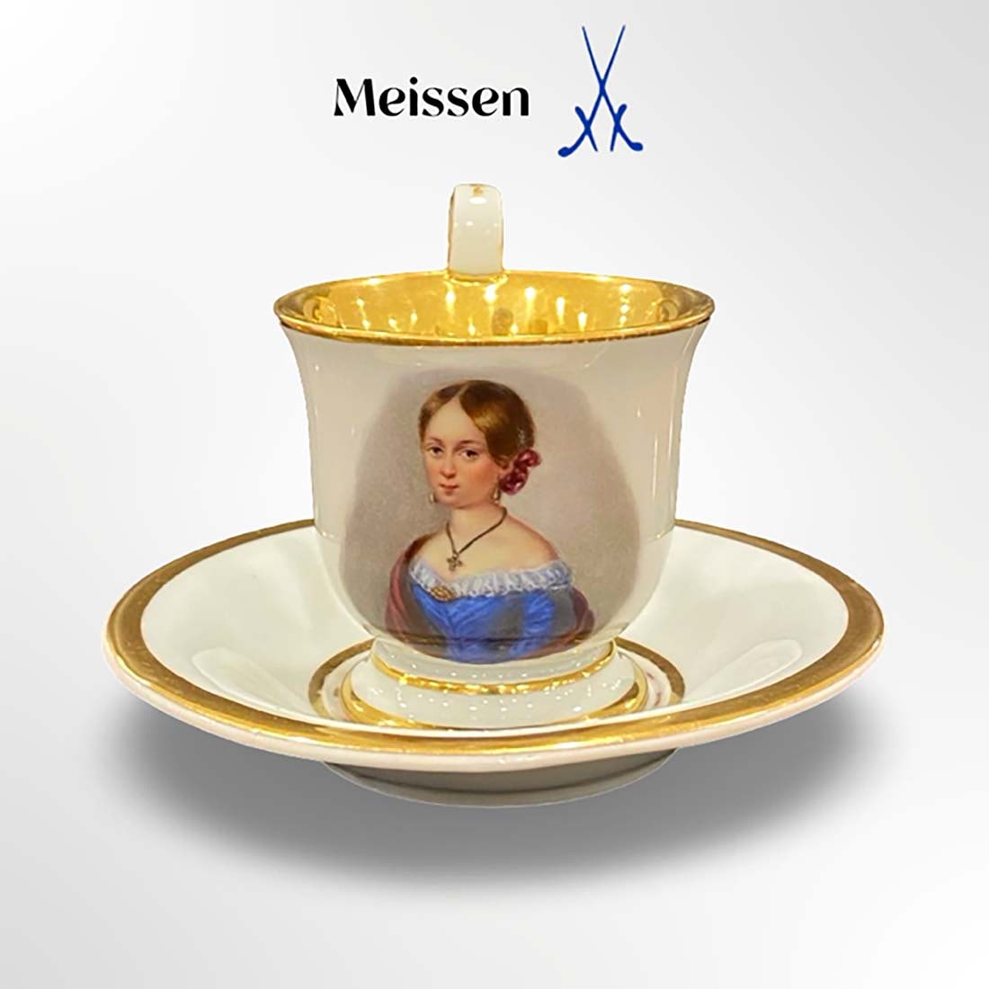 19th C. German Meissen Hand Painted Porcelain Cup & Saucer, Hallmarked: 19th C. German Meissen Hand Painted Portrait Porcelain Cup & Saucer, Signed. H 3.75" x L 5.5"