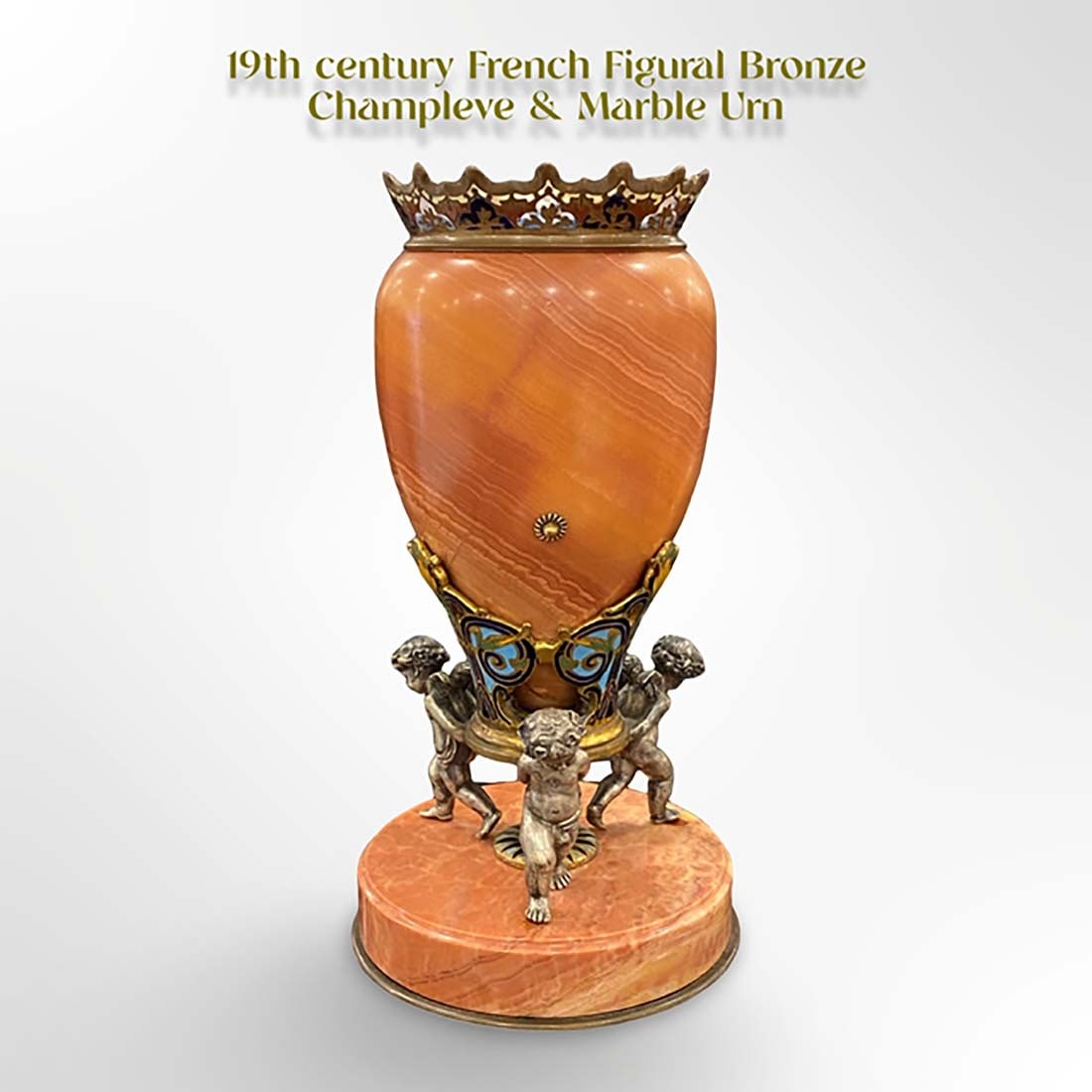 19th C. French Champleve & Marble Figural Bronze Urn/Vase: ?19th Century French Champleve & Marble Figural Bronze Urn/Vase. H 8" x L 4.25"