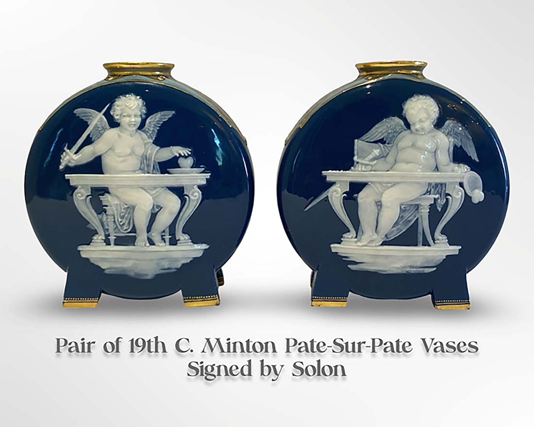 A ?Pair of 19th C. Minton Pate-Sur-Pate Porcelain Vases, Solon Signed: A ?Pair of 19th C. British Minton Pate-Sur-Pate (past to paste) Porcelain Vases Signed by Solon, Hallmarked. H 5.8" x L 5.5" x W 2"