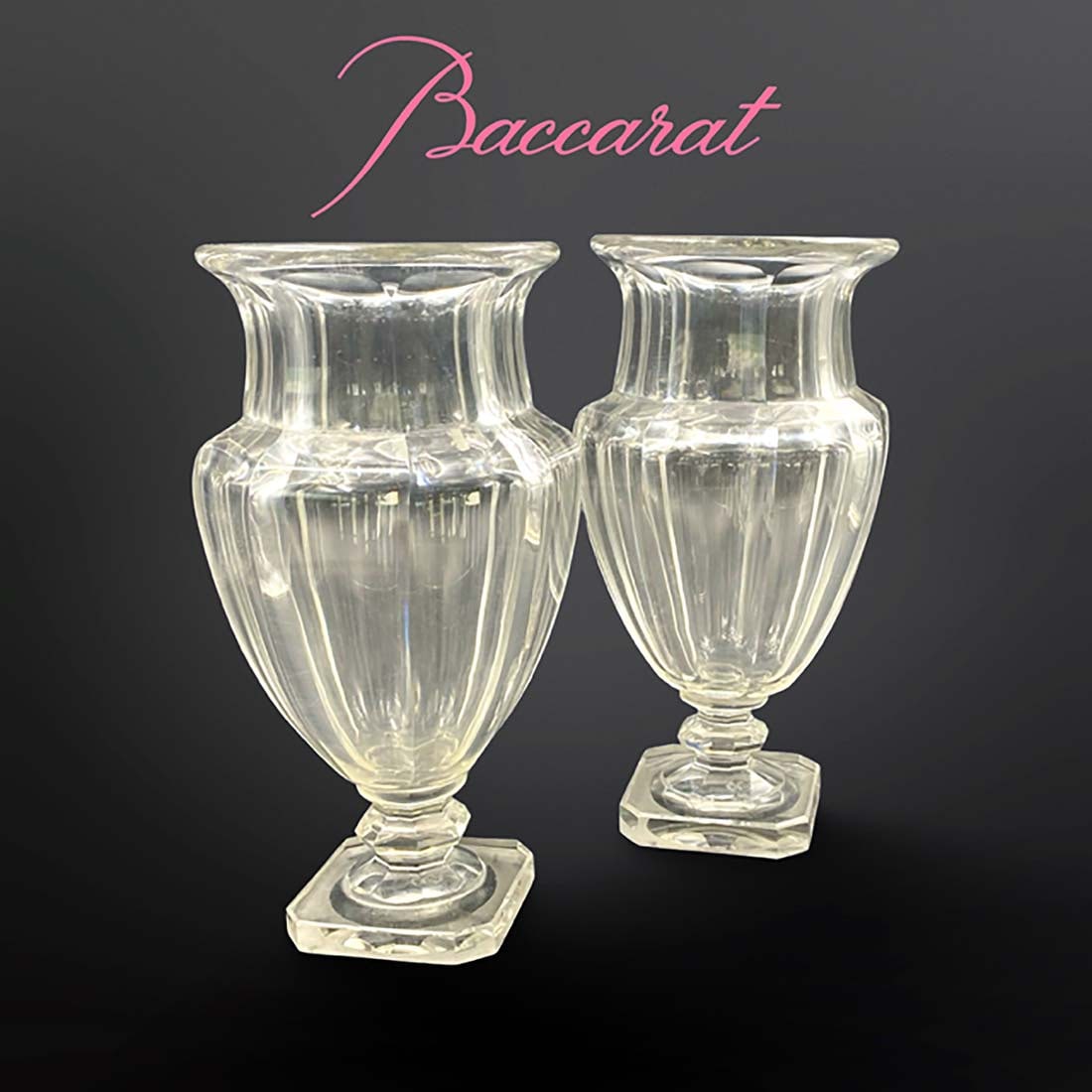 A Pair of French Baccarat Crystal Vases, Signed: A Pair of French Baccarat Crystal Vases, Signed. Measurements for each vase: H 11.25" x L 5.5"