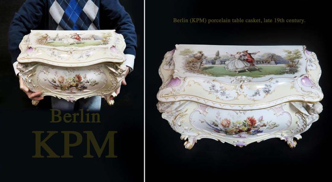 Berlin (KPM) Porcelain Table Casket, Late 19th century: Berlin (KPM) Hand Painted Porcelain Table Casket, Late 19th century (Exposition Item). H 12" x 20" x 12"