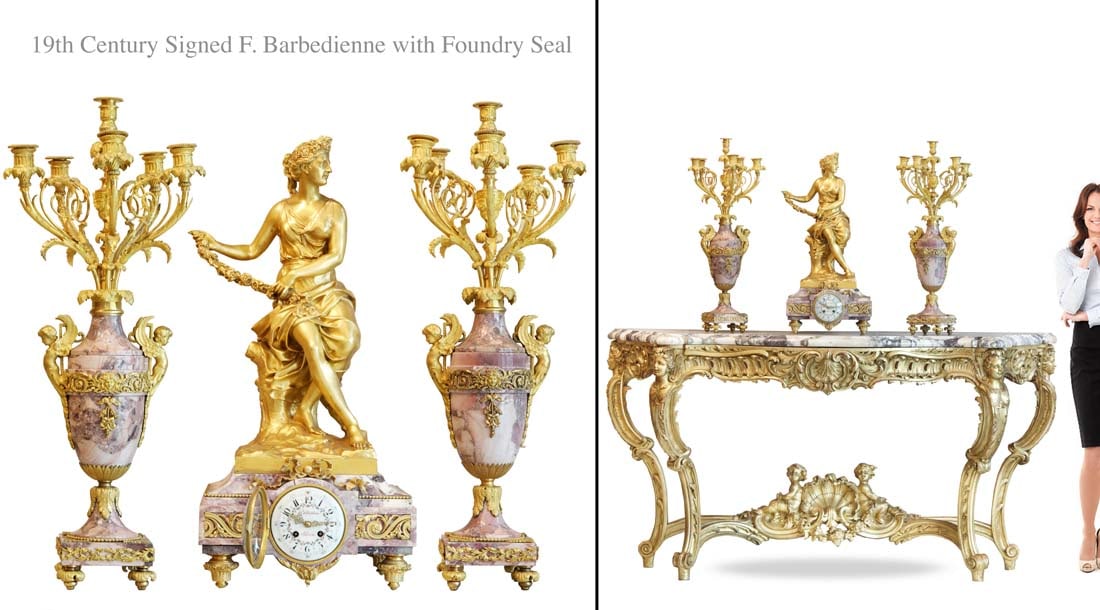 19th C. French F.Barbedienne Gilt Bronze & Rouge Marble Clock Set: 19th C. French F.Barbedienne Gilt Bronze & Rouge Marble Clock Set. Note: the pedestal/table is NOT included! Clock: 28" x 13" x 10", Candelabras: H 30" x D 11"