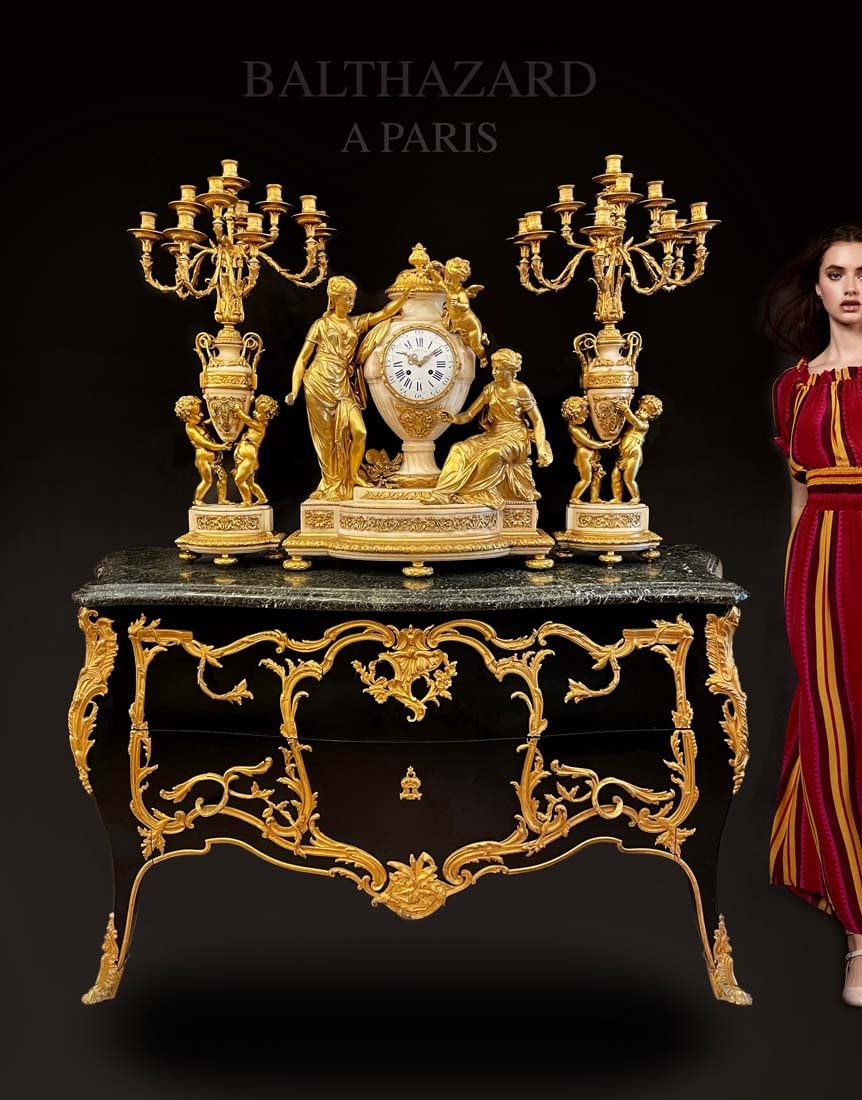 19th C. French Figural Bronze Marble Clock Set: 19th C. French Figural Bronze Marble Clock Set with BALTHAZARD signed dial. Note: The table is NOT included! Clock: H 29" x 24" x 10", Candelabras: H 35" x 18.5"