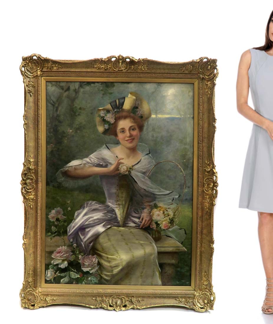 Large Oreste Costa (1851-1901) Oil on Canvas Painting: Large Oreste Costa (1851-1901, Italian) Oil on canvas Painting. Girl with Flowers. Provenance: San Diego Museum of Art. 44" x 32"