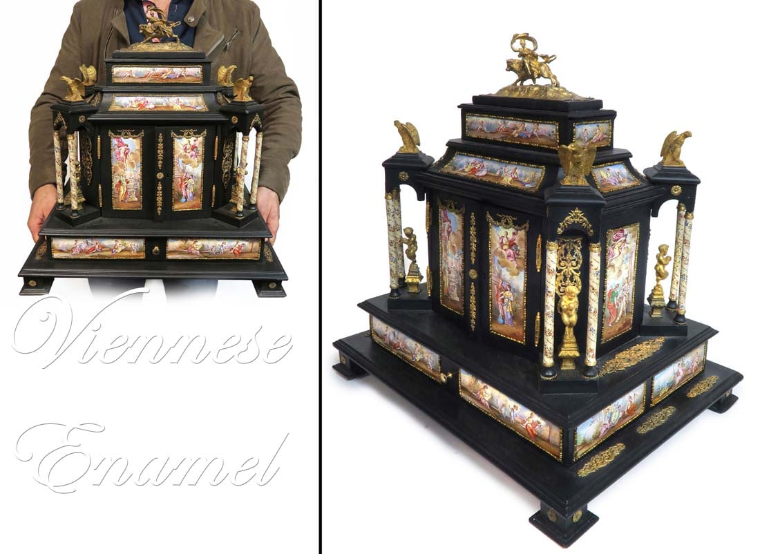 Very Large 19th C Viennese Enamel Mounted Table Cabinet: Very Large 19th Century Viennese Enamel Mounted Table Cabinet. Austrian. H 20" x 18" x 14"