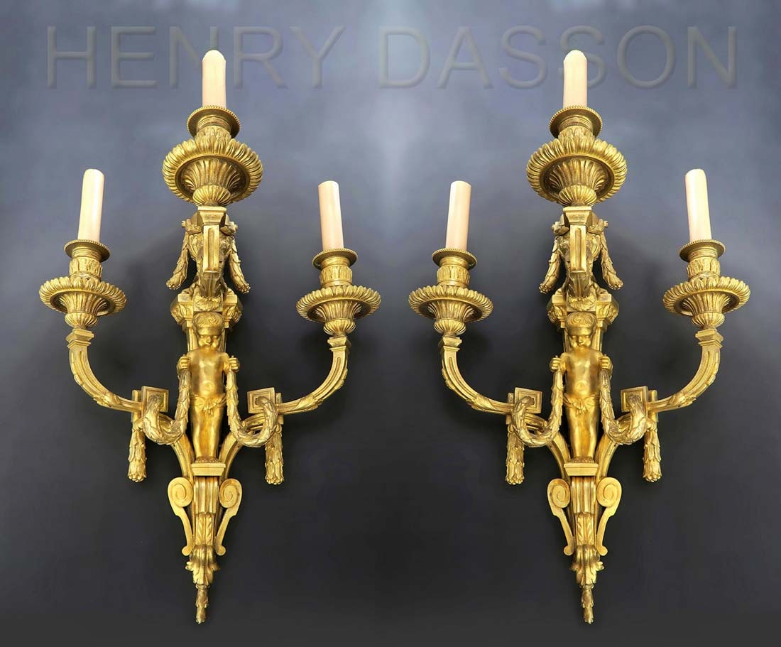 Large Pair of Henry Dasson Bronze Sconces, Signed: Large French Pair of Henry Dasson Figural Bronze Sconces. Signed. H 21" x W 14"