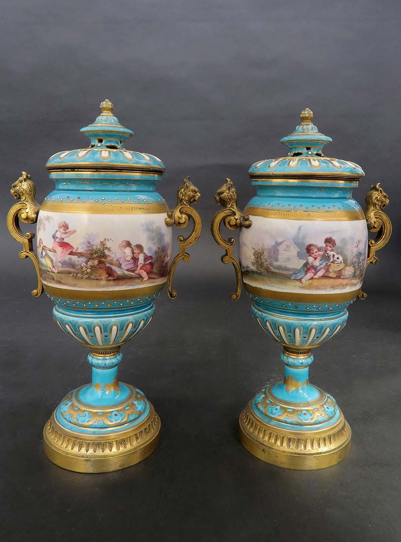 A Pair of 19th C. Jeweled Sevres Urns - 2