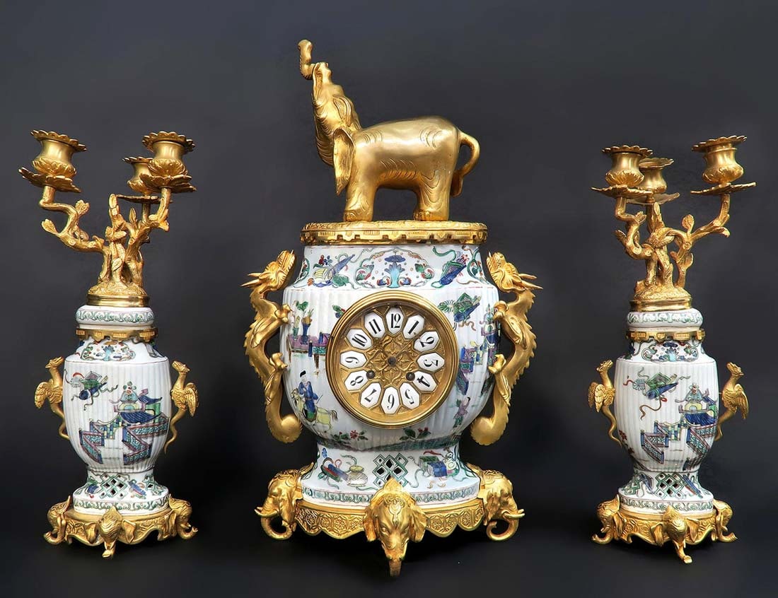 19th C. French Japonisme Bronze & Porcelain Clock Set: 19th C. French Japonisme Bronze & Porcelain Clock Set. Museum quality! Clock: 12.5" x 5" x H 21", Candelabra: 6.5" x 4.5" x H 16"