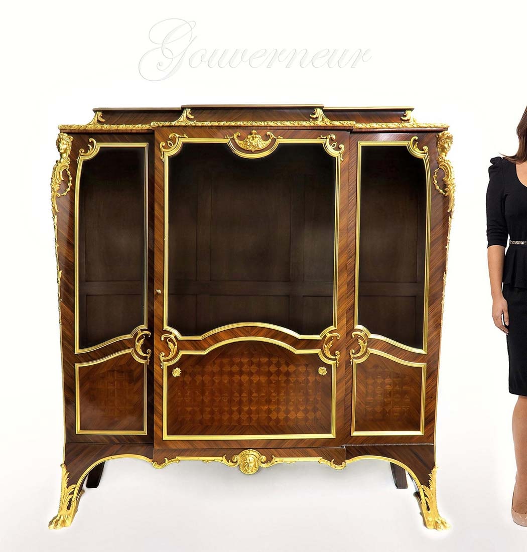 A Gouverneur Bronze Mounted Kingwood Vitrine Cabinet: 19th Century French "Francois Linke" Bronze Mounted Kingwood Corner Cabinet. Signed! 58" x 18" x H 62"