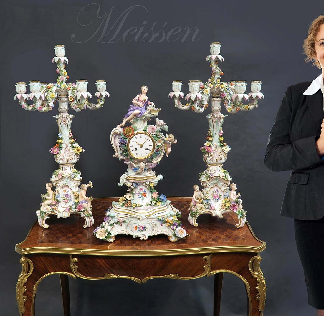 Large 19th C. Meissen Figural Clock Set: Large 19th C. German Meissen Hand Painted Porcelain Figural Clock Set. NOTE: The table is NOT included! Candelabra: 26" x 13", Clock: 9.5" x 13", H 20.5"