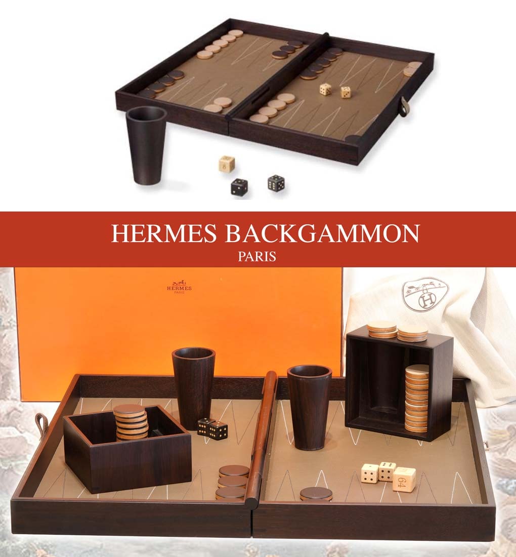 An Exquisite French Hermes Persepolis Backgammon Game Set Box: An Exquisite French Hermes Persepolis Backgammon Game Set Box. The Backgammon game in Java solid wood and smooth Taurillon leather, pawns in Swift calfskin full leather. Dimensions: L 53 x H 9 x D 29