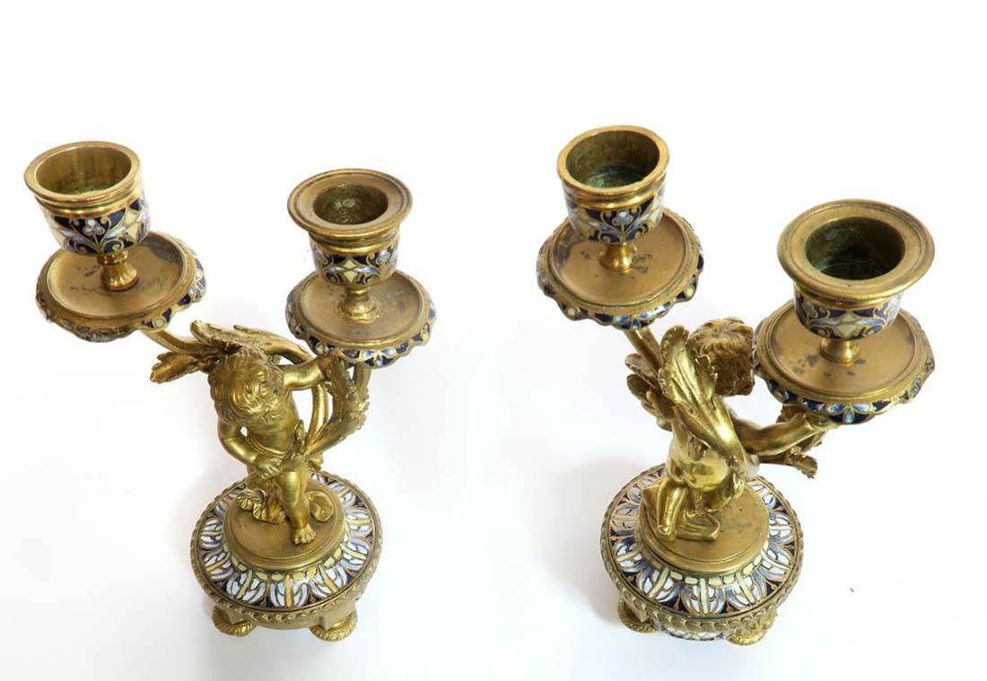 19th C. Judaica Champleve & Bronze Clock Set - 11
