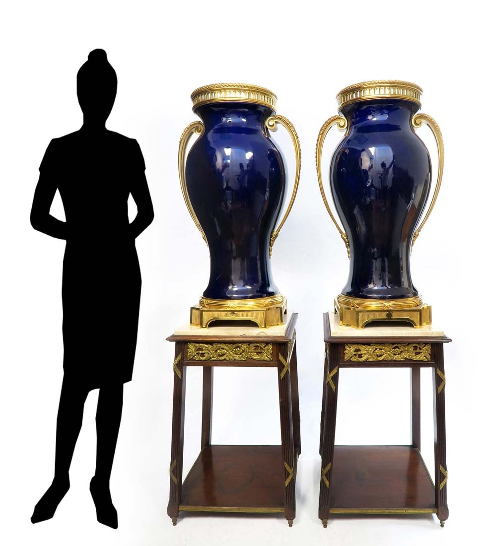 Monumental Pair of French Bronze Mounted Sevres Vases: Monumental Pair of French Bronze Mounted Sevres Vases. NOTE: The Pedestals are NOT included! Vases: H 32.5" x W 18", Bases: H 27.5" x 16.5" x 16.5"