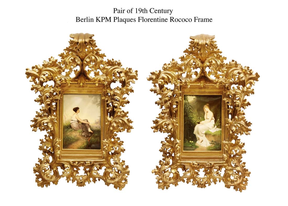 A Pair of 19th C. German KPM Plaques W/ Florentine Rococo Frame: A pair of 19th Century German Berlin KPM Plaques with Florentine Rococo Frame. 25" x 19"