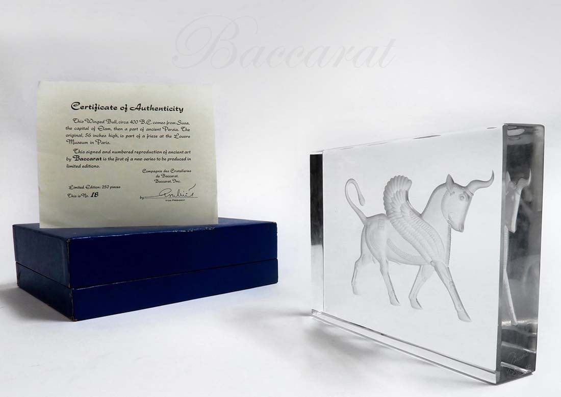Limited Edition Baccarat Winged Bull (Persian Empire): Limited Edition French Baccarat Winged Bull (Persian Empire) with COA. This signed and numbered reproduction of ancient Persian art by Baccarat is the first of a new series to be produced in limited