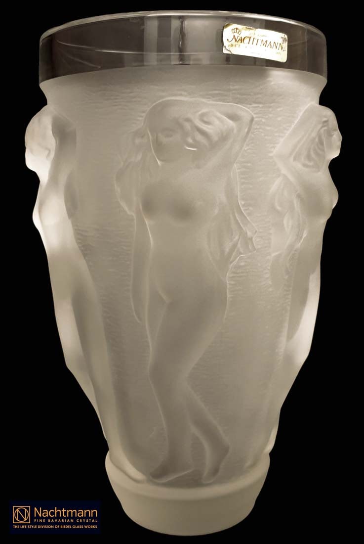 A Large & Heavy Nachtmann Frosted Crystal Nymphs Vase: A Vintage Large & Heavy German Nachtmann Frosted Crystal (bleach crystal 24%) Nymphs Vase. H 10.5" x D 7". About Nachtmann (glass manufacturer): Nachtmann or F. X. Nachtmann Bleikristallwerke GmbH was