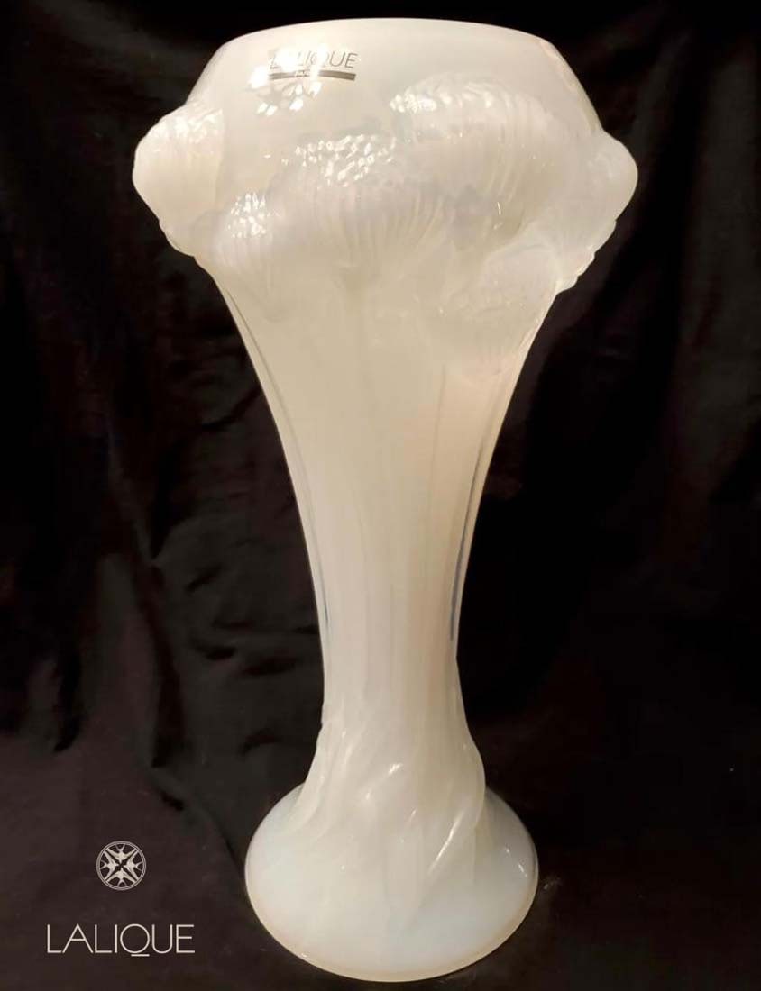 A LALIQUE Rose White Opaline Crystal Vase, Signed: A French LALIQUE Rose White Opaline Crystal Vase, Signed. H 14.1/8"