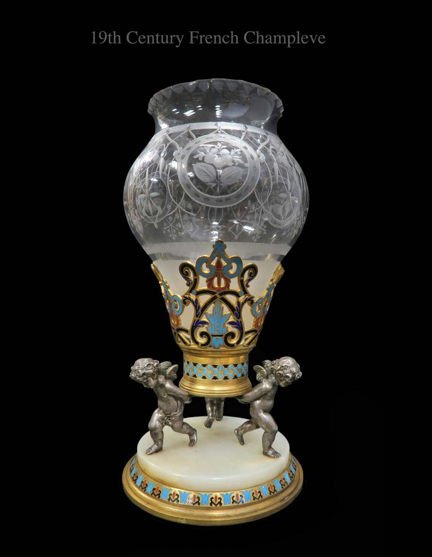 A French Champleve Figural Vase, 19th C.: 19th C. French Champleve (Enamel on Bronze) Crystal Figural Vase. H 12"
