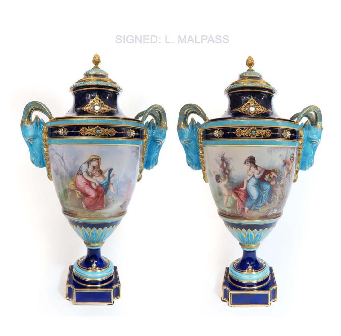A PAIR OF SEVRES JEWELED PORCELAIN FIGURAL VASES: A PAIR OF FRENCH SEVRES JEWELED PORCELAIN FIGURAL VASES, CIRCA 1880, SIGNED "L. MALPASS". H 16" x W 9"