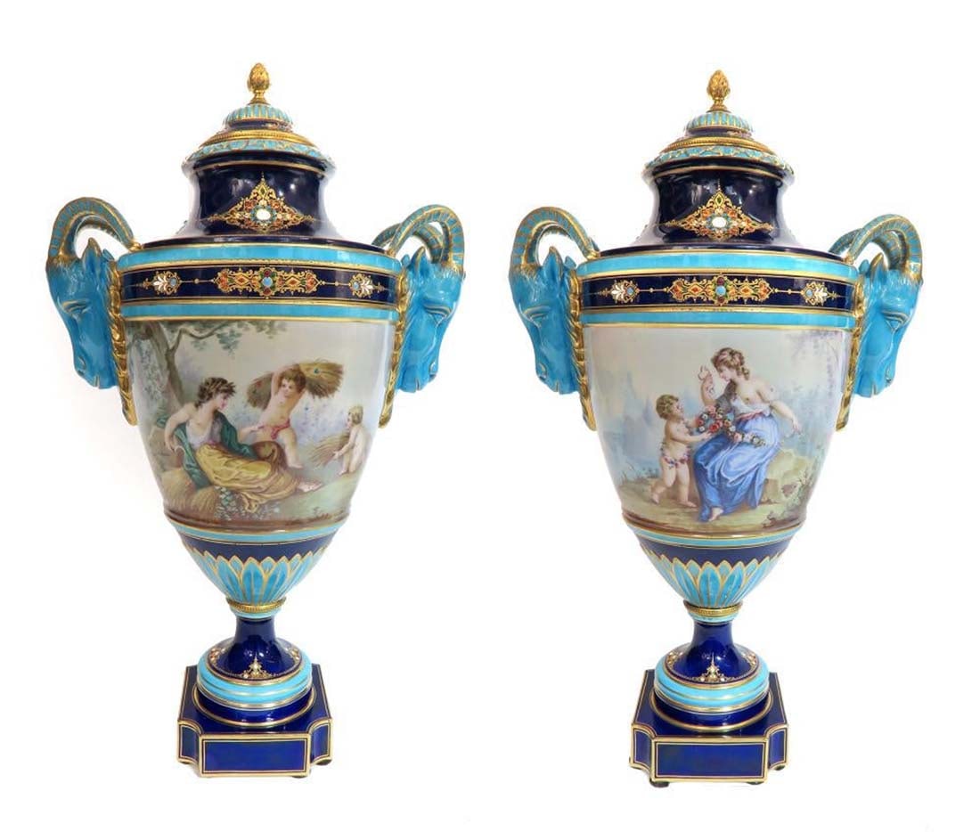 A PAIR OF SEVRES JEWELED PORCELAIN FIGURAL VASES - 2