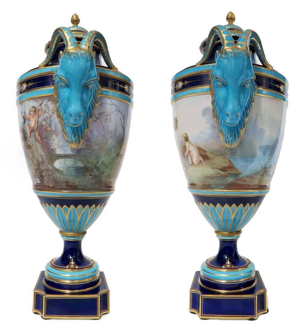 A PAIR OF SEVRES JEWELED PORCELAIN FIGURAL VASES - 3