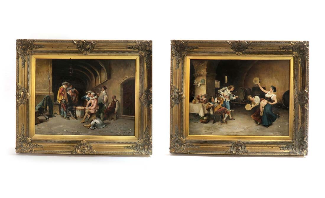 Pasquale Ruggiero, Italian (1851-1916) Pair of O/C: Pasquale Ruggiero, Italian (1851-1916) Pair of Oil on Canvas. Tavern Scenes, Signed lower right. Frame: 34.1/2" x 28.1/2", Painting: 25.1/2" x 19.1/2" (Both).