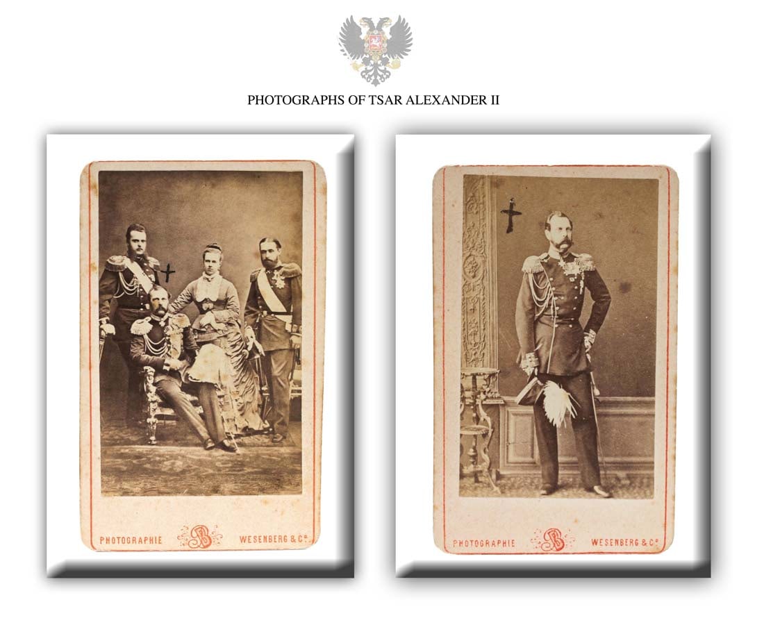 Tsar Alexander II, Original St. Petersburg Photographs: Original St. Petersburg photographs depicting Tsar Alexander II (Emperor of Russia, Reign 2 March 1855 - 13 March 1881). Dimensions: 4.1/8" x 2.1/2". Tsar Biography: Alexander II (1818 - 1881) was
