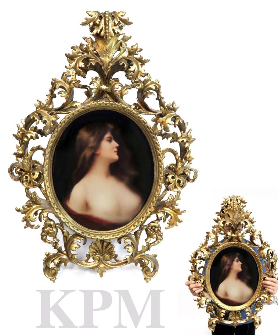 19th C. LARGE ROCOCO FRAMED BERLIN KPM OVAL PLAQUE: 19th C. LARGE GERMAN BERLIN (K.P.M) OVAL PORCELAIN PLAQUE, ODALISQUE WITH ROCOCO FRAME. Plaque: 13" x 11", Frame: 27" x 21"
