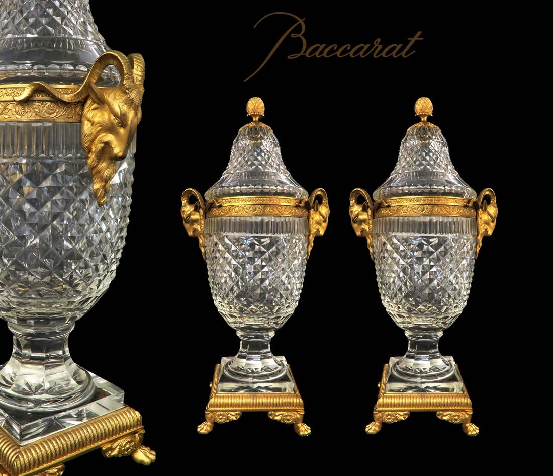 Fine 19th C Pair of French Baccarat Crystal Bronze Urns (1 of 8)