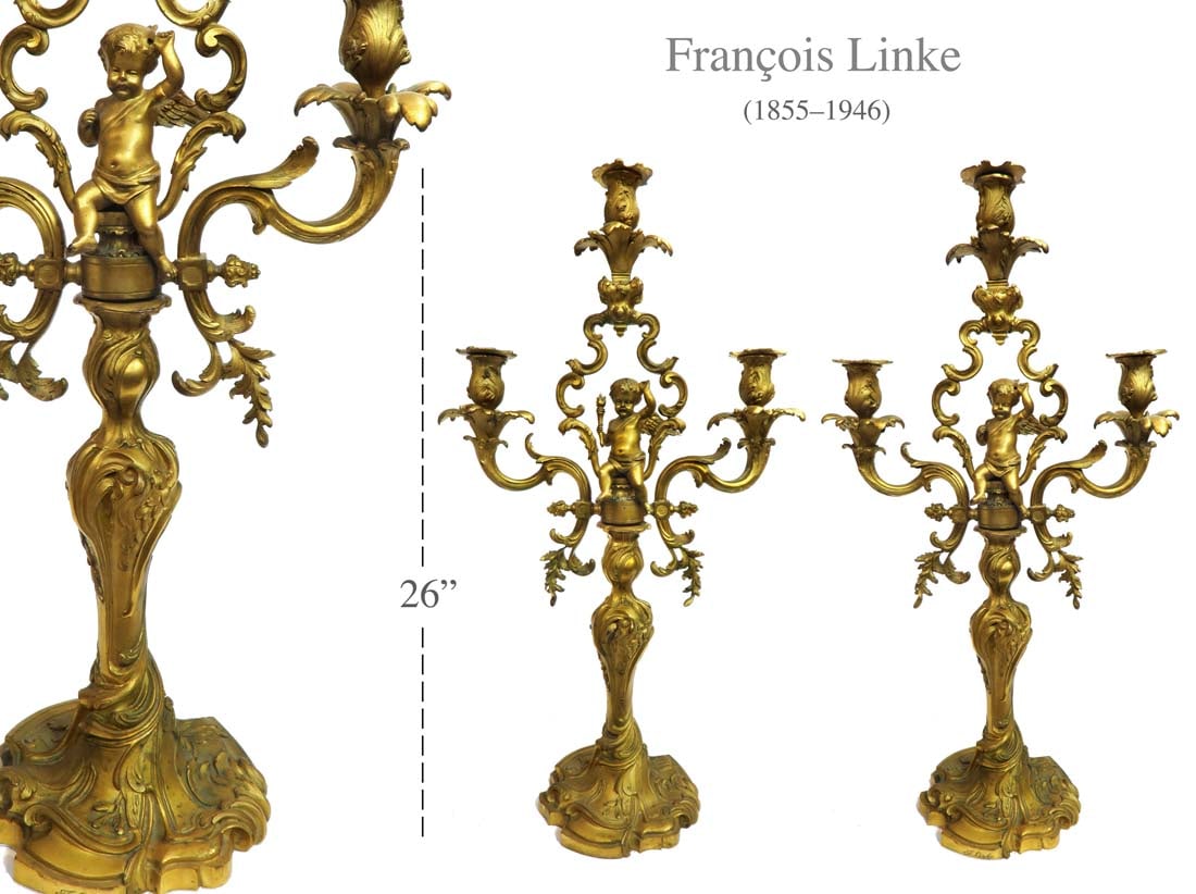 A Pair of F. Linke Figural Bronze Candelabras, 19th C.: Pair of 19th C. French figural bronze candelabras, Signed F. LINKE. H 26" x W 14"