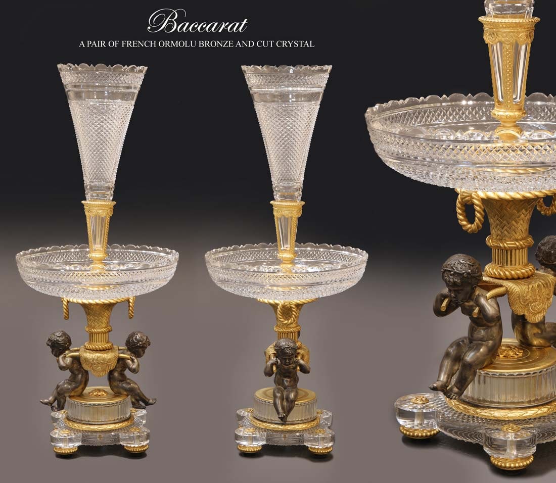A PAIR OF FRENCH BACCARAT CUT CRYSTAL FIGURAL BRONZE CENTERPIECES: A PAIR OF FRENCH BACCARAT CUT CRYSTAL FIGURAL BRONZE CENTERPIECES. H 25.5" x D 11"