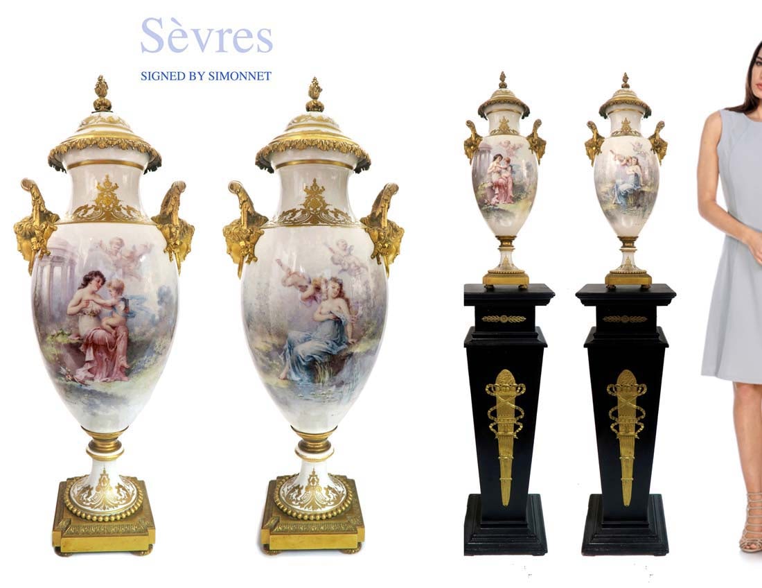 A Pair of 19th C. Sevres Bronze Urns, SIMONNET Signed: Pair of 19th Century French White Sevres Hand Painted Porcelain Figural Bronze Urns (Signed By SIMONNET). NOTE: The pedestals are NOT included! H 26"