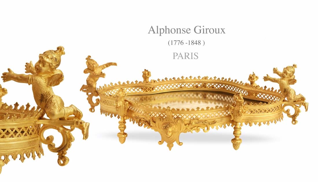 19th C. French Alfonse Giroux Figural Bronze Mirrored Plateau/Centerpiece: 19th Century French Alfonse Giroux Figural Ormolu Mirrored Plateau/Centerpiece. 21" x 12" x 7"