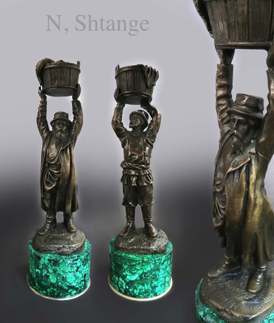 A Pair of Russian Bronze & Malachite Candle-holders: A Pair of Russian Recast Bronze and malachite Candle-holders, after Eugeny Lancere, "N. Shtange". H 9.1/2"