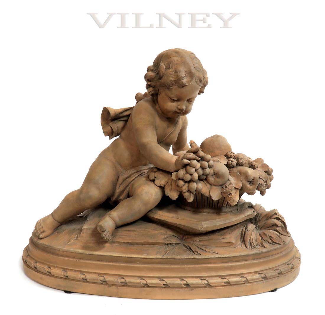 19th C. FRENCH "VILNEY" TERRACOTTA FIGURE OF A PUTTO: 19th C. FRENCH "VILNEY" TERRACOTTA FIGURE OF A PUTTO. 21" x 9" x H 15.5"