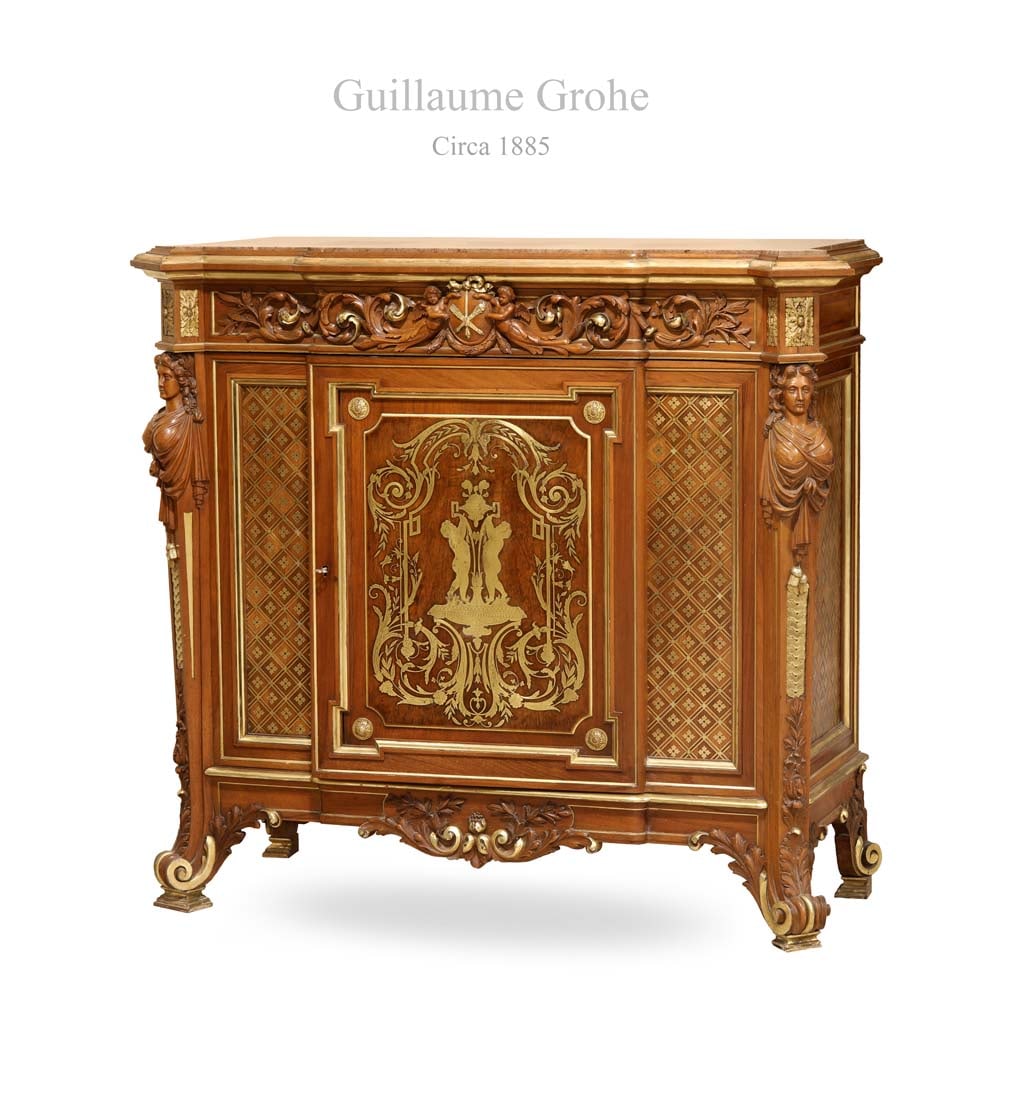19th C. French Guillaume Grohe Signed Louis XVI Engraved Figural Commode Cabinet: 19th Century French Guillaume Grohe Signed Louis XVI Engraved Figural Commode Cabinet. Circa 1885. 50" x 20" x 46"