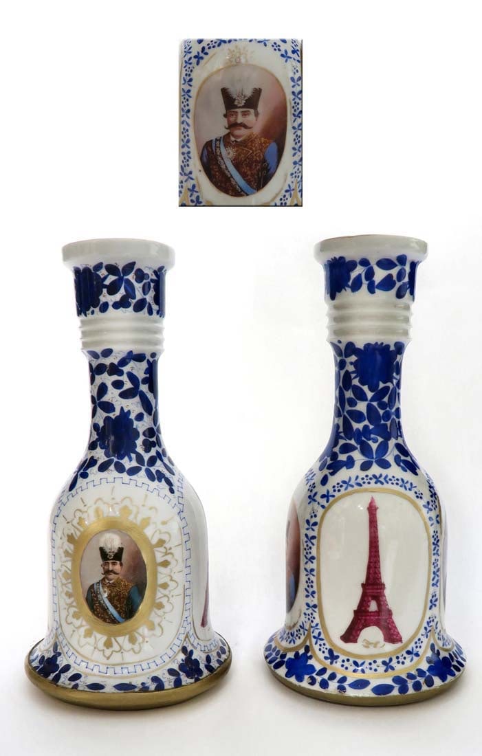 19th C. Pair of Persian Qajar Hooka: 19th C. Pair of Persian Qajar Porcelain Hooka